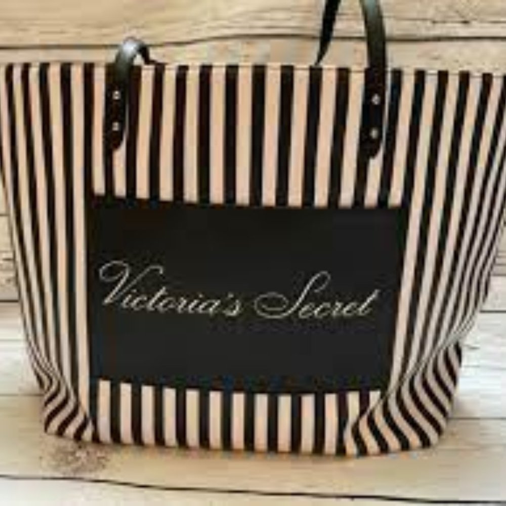 VICTORIAS SECRET MAUVE CHALK & BLACK STRIPED SIGNATURE TOTE BAG